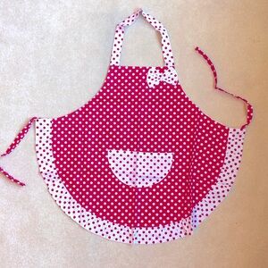PAIR (2) of NEW child-sized aprons, red & white polka dot. Several pairs avail!